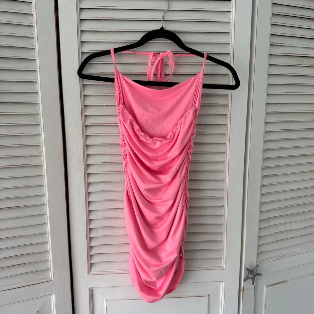 Pink Ruched Halter Bodycon Dress - Picture 2 of 2